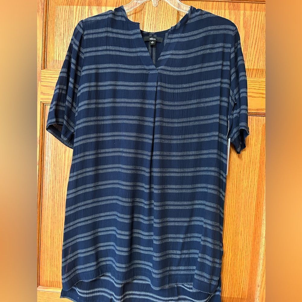 Ellos size 12 navy blue white striped tunic short sleeve top slit sides